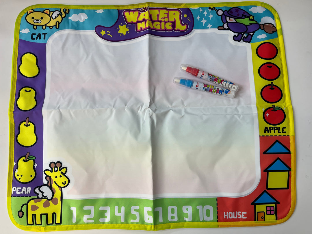 Water magic mat with markers and colorful border on a white background