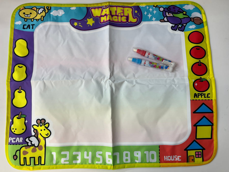 Water magic mat with markers and colorful border on a white background