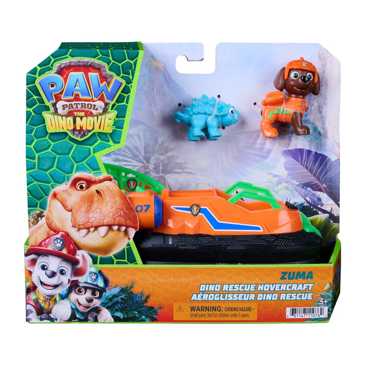 Paw Patrol Dino Movie toy set with Zuma's Dino Rescue Hovercraft and figures on packaging