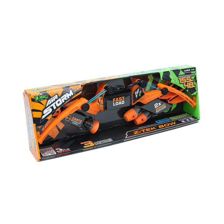 Z-TEK bow packaging with orange and black design on a white background