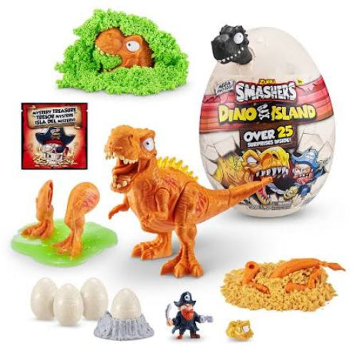 Smashers Dino Island toy set featuring an orange T-Rex figure, a hidden orange dinosaur in green grass, a large egg-shaped package, smaller eggs, a pirate figure, sand nest, and a mystery treasure box on a white background.