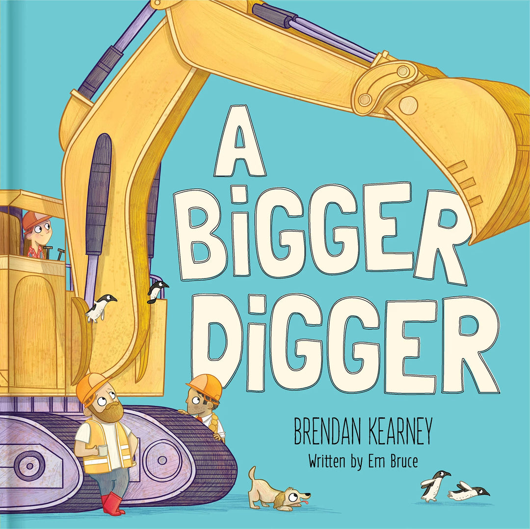 a bigger digger book cover featuring a digger and construction workers