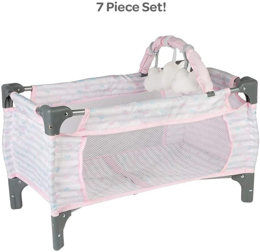 7-piece baby playpen set with mesh sides and pink trim on a white background