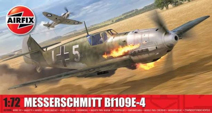 messerschmitt plane flying low to ground through field with engine on fire and smoke trailing behind it