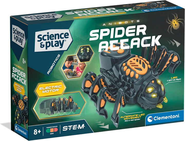 anibots mechanical spider in black with orange accents inside green packaging