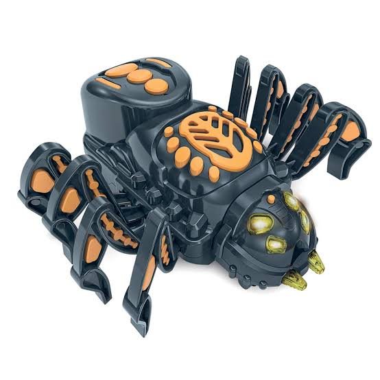 anibot mechanical spider in black with orange accents and green eyes on a white background