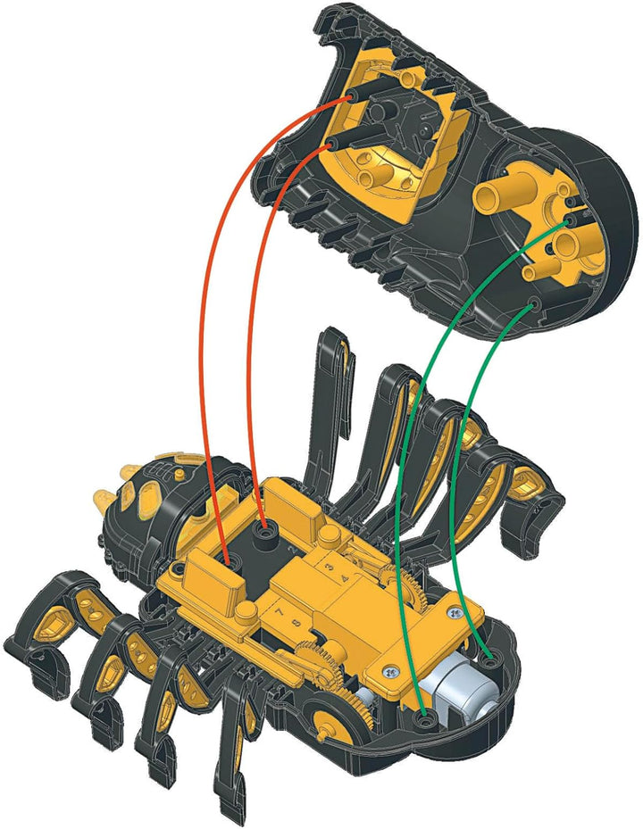 An exploded technical-style rendering of a small robotic crawler or spider-like robot, showing the upper body detached above the lower chassis with red and green wires connecting them, on a plain white background.
