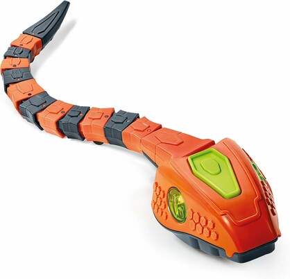 Orange viper strike mechanical robot with black and green accents on a white background