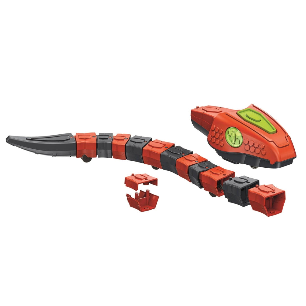orange mechanical viper with black and green accents disassembled on a white background