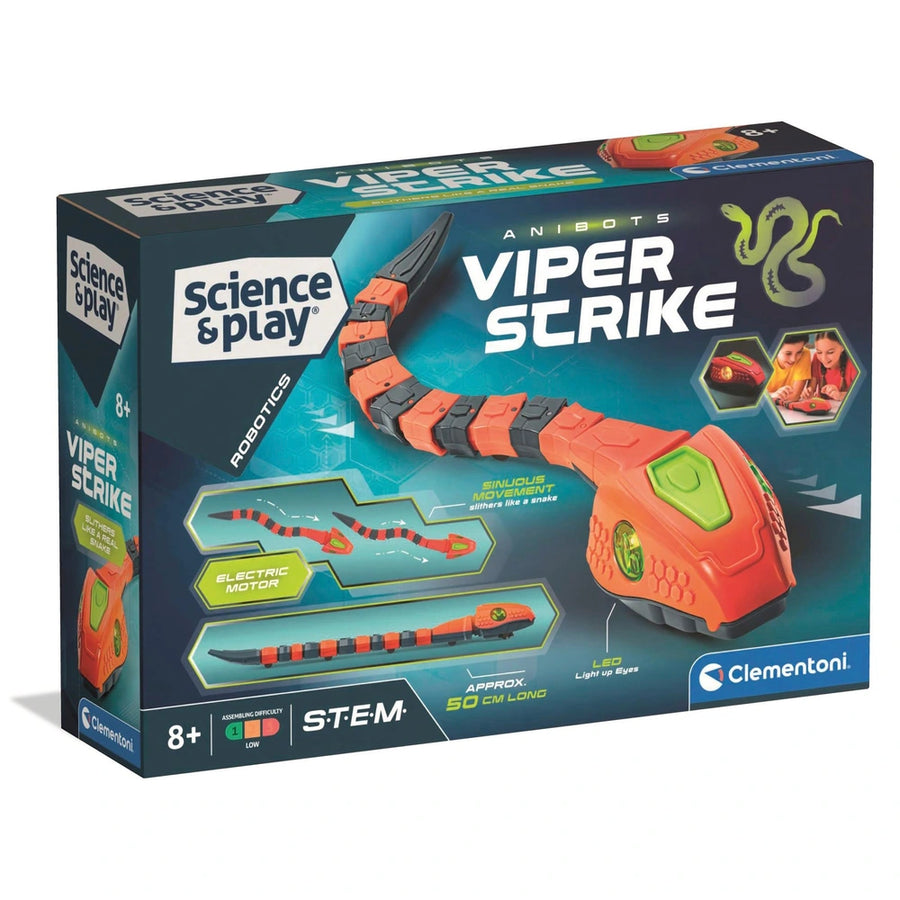 Front and side views of the Clementoni Science & Play Viper Strike STEM toy box, showing the orange and black striped toy snake and product packaging details.