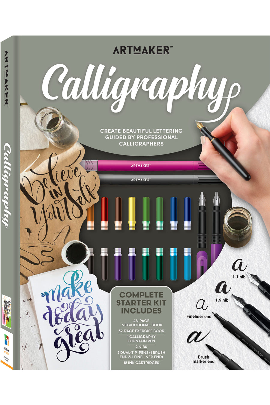 Artmaker Calligraphy starter kit with calligraphy tools and ink bottles on a white background