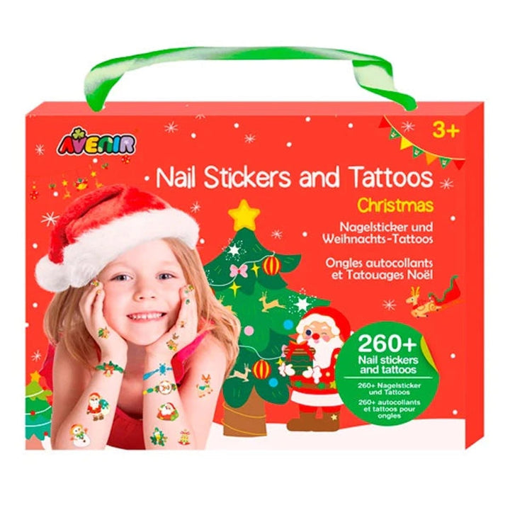 avenir nail sticker in red packaging with girl featured wearing the stickers and tattoos on a white background