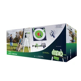 Box of axe throwing equipment with a field and players on the packaging