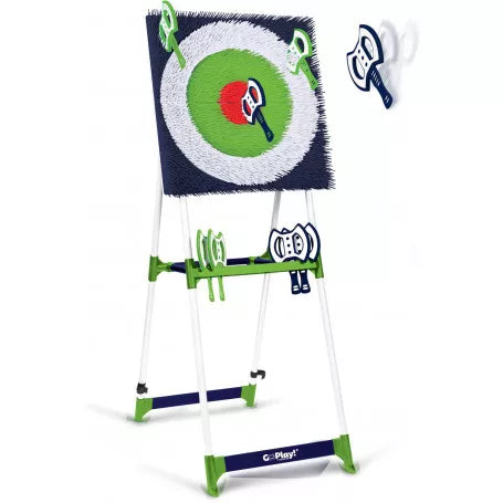 Children's axe throwing set with target and axes on a stand