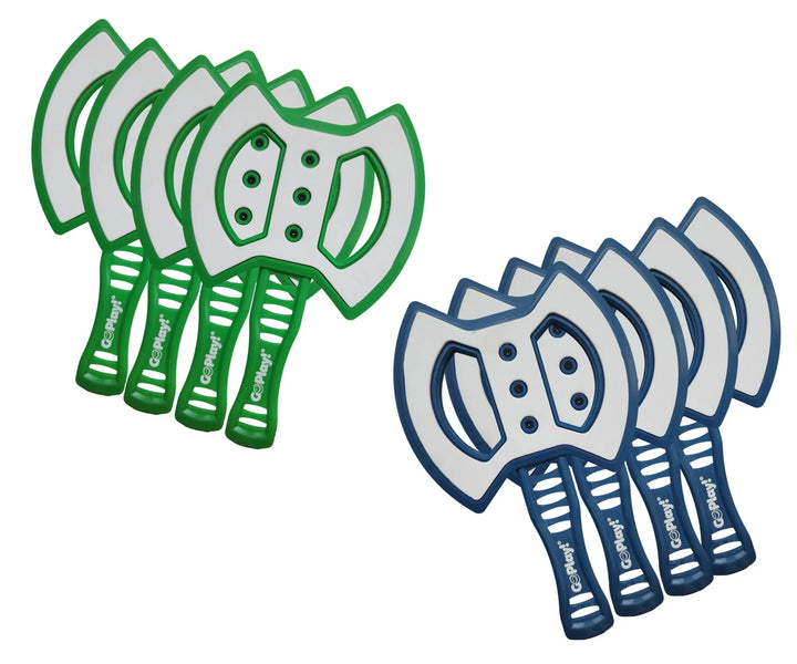 Set of green and blue plastic axes on a white background