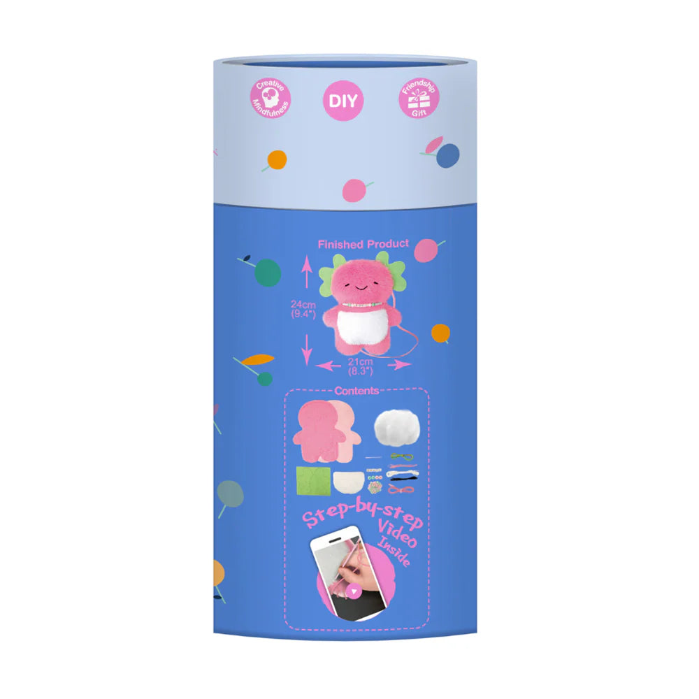 Blue cylindrical packaging with cartoon character and text on a white sewing kit unicorn background