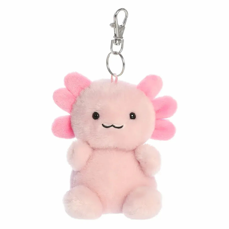 Plush axolotl keychain with a cute face and pink flower-like petals on a white background
