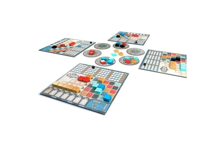 Board game with colorful tiles and pieces on a white background