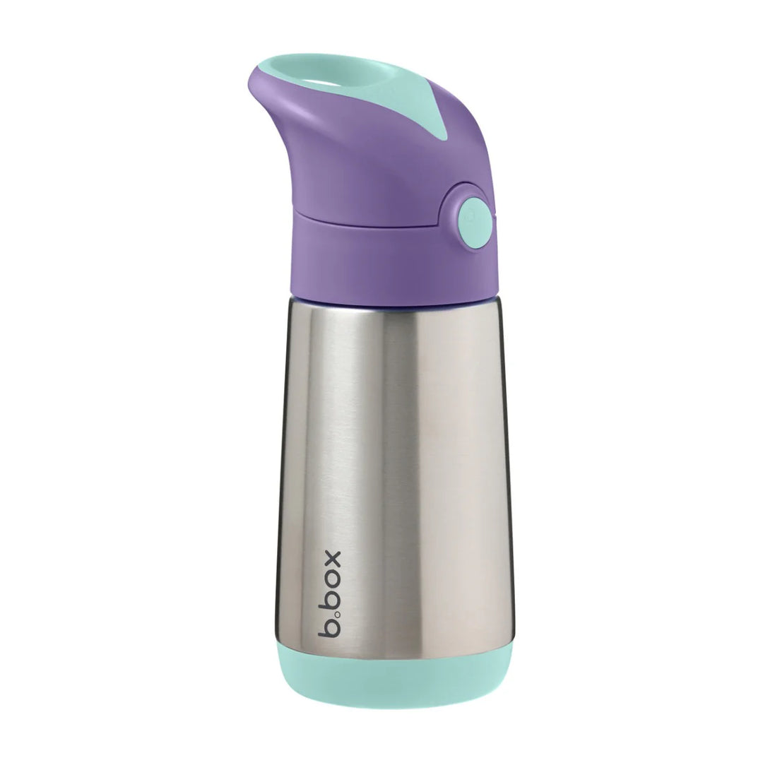 Children's stainless steel饮具 with purple and teal lid on a white background