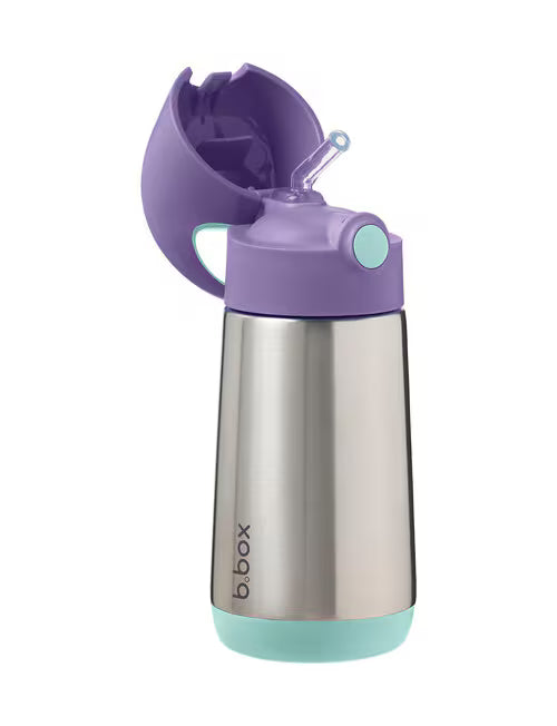 Children's stainless steel water bottle with purple lid and turquoise base on a white background