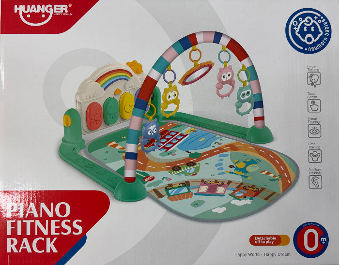 Huanger Piano Fitness Rack baby activity toy on its retail packaging box. The product features a green base with a multi-colored activity arch, hanging animal toys, a piano keyboard, and a play mat with road and sky illustrations.