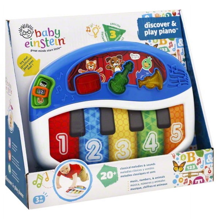 Baby Einstein discover & play piano toy packaging on a white background