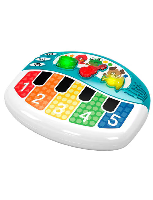 A baby toy piano with colorful numbered keys (1 through 5) in red, orange, yellow, green, and blue, featuring cartoon animal characters on the top panel, shown on a solid white background.