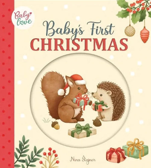 babys first christmas cover with squirrel and hedgehod opening christmas gifts