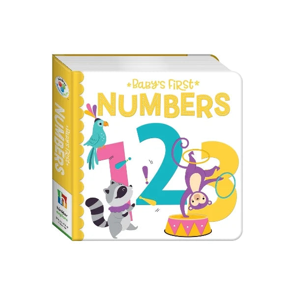 Baby's First Numbers 1, 2, 3 board book with colorful cartoon illustrations of a bird, raccoon, monkey, and circus numbers on a white background.