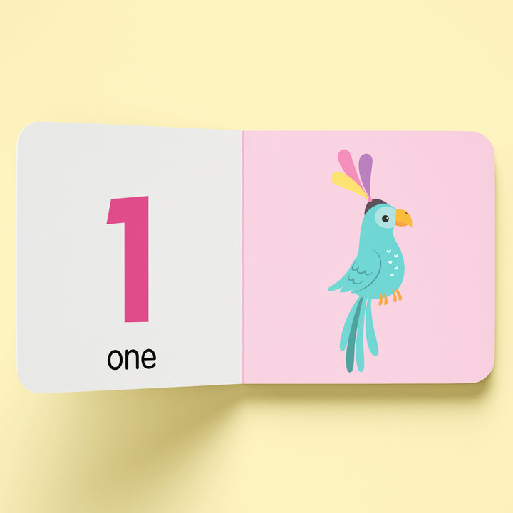 Educational card with a parrot illustration and the number 1 on a yellow background