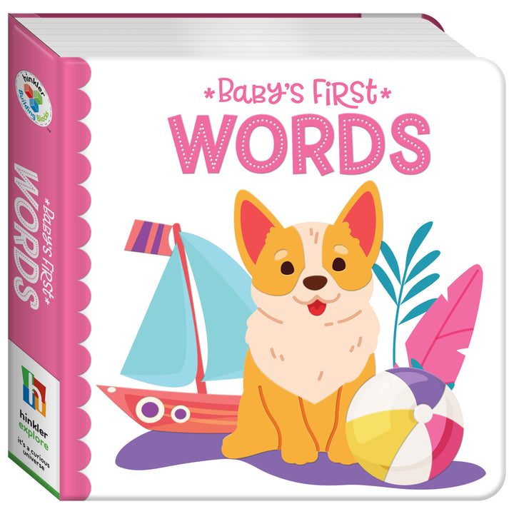 Children's book titled 'Baby's First Words' with a dog illustration on a white background