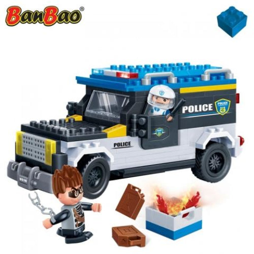 Toy police car set with figures and accessories on a white background, featuring BanBao branding.