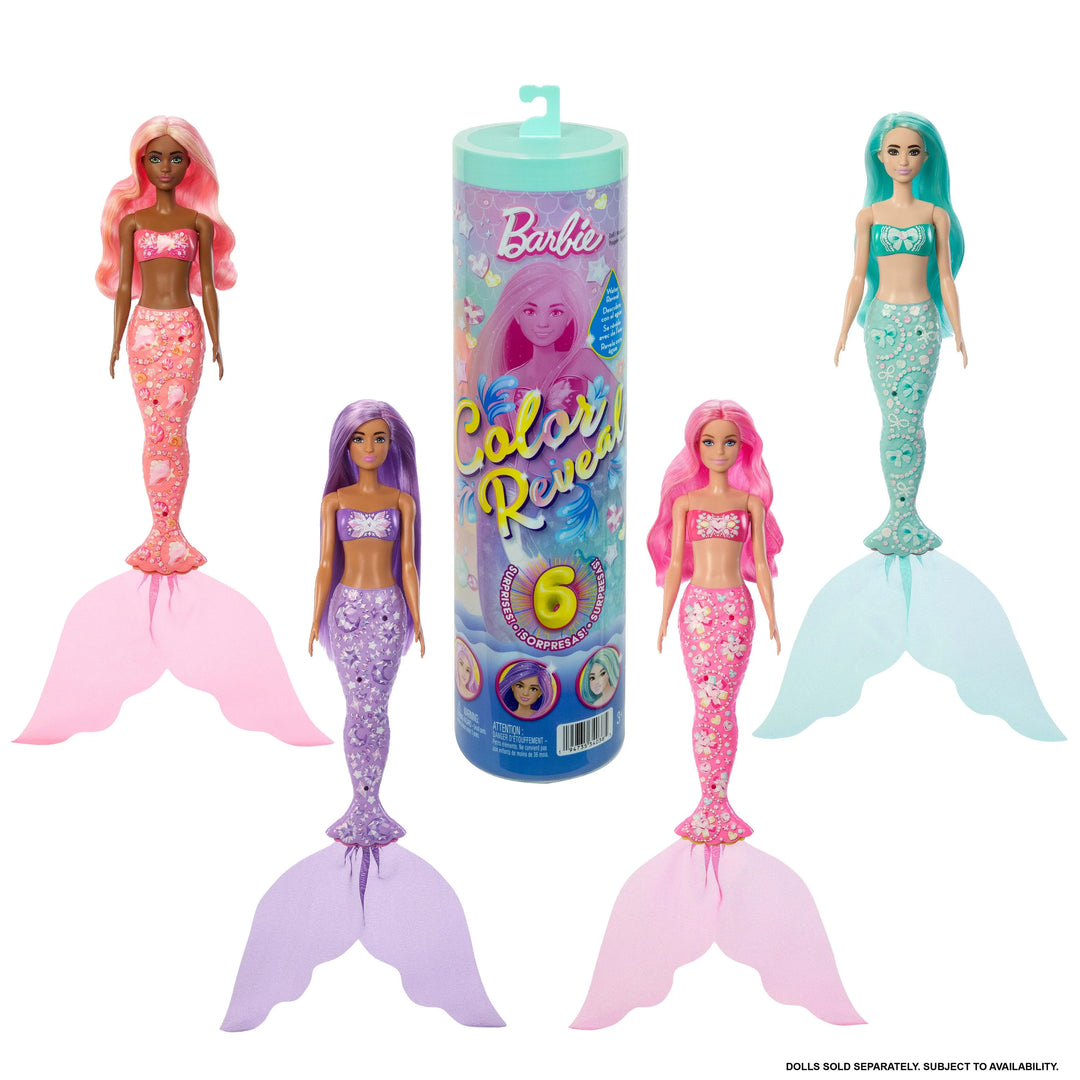 Barbie mermaid dolls with colorful tails and packaging on a white background