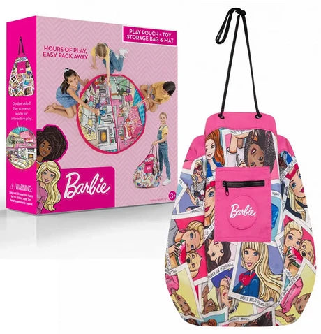 A Barbie-themed toy storage bag and its retail box, featuring a collage of Barbie character illustrations and a bright pink front pocket with the Barbie logo.