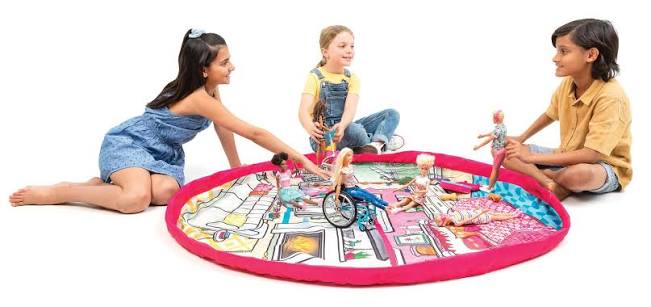 barbie playmat girls playing with barbie dolls on playmat