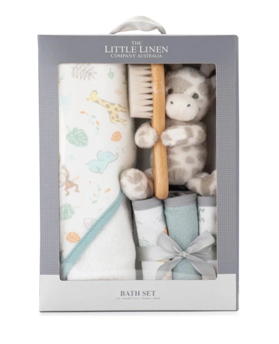 Baby bath set with plush toy, towel, and brush in packaging from The Little Linen Company Australia.