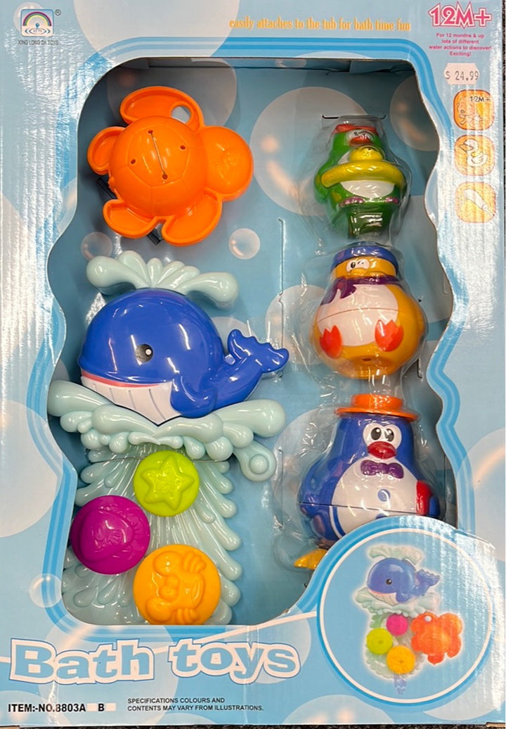 Packaged bath toy set including a blue whale and orange turtle with additional penguin toys, labeled as 'Bath toys' for children.