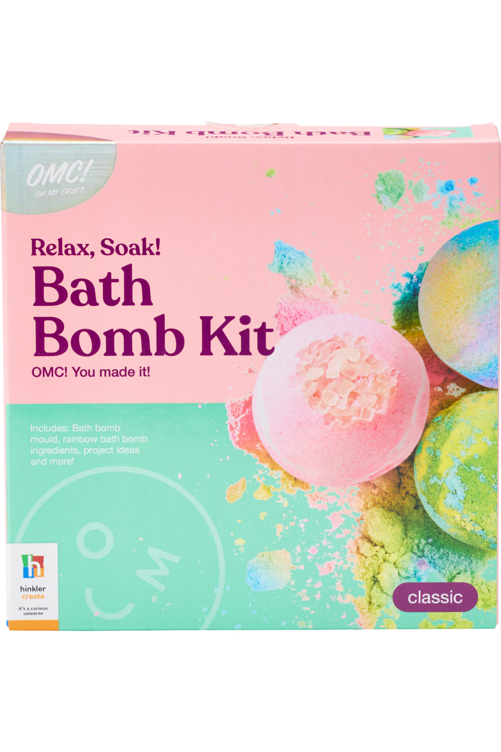 Bath Bomb Kit packaging with colorful bath bombs on a pink and green background