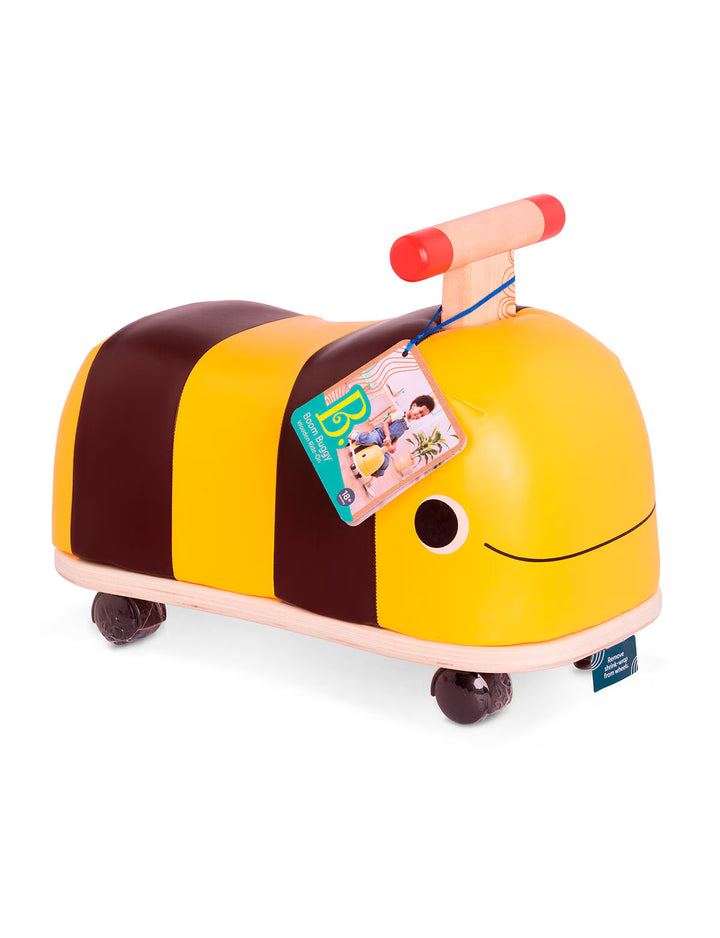 Yellow and brown bee battat ride on vehicle with a smiley face on a white background