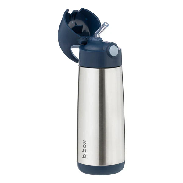 A stainless steel insulated water bottle with a navy blue flip-top lid and straw, shown on a plain white background. The brand name 'b.