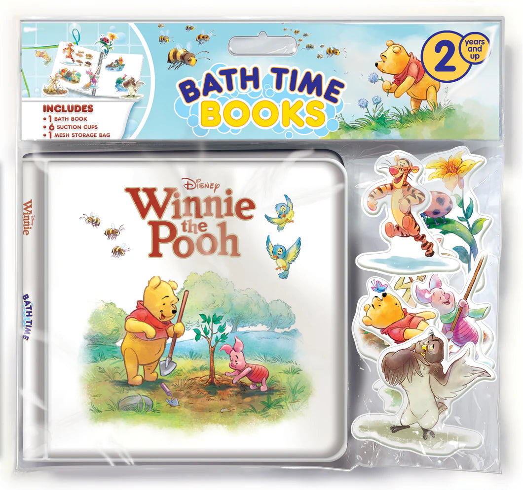 Packaged Disney Winnie the Pooh bath time book set with illustrations and character images.