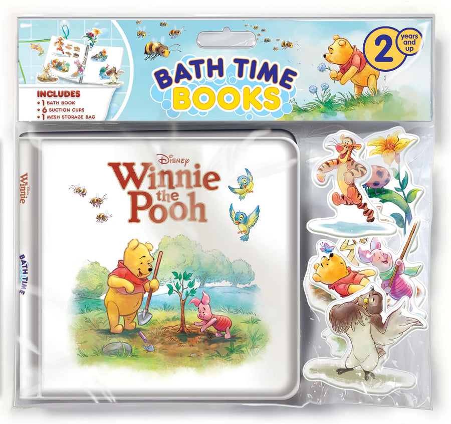 Packaged Disney Winnie the Pooh bath time book set with illustrations and character images.