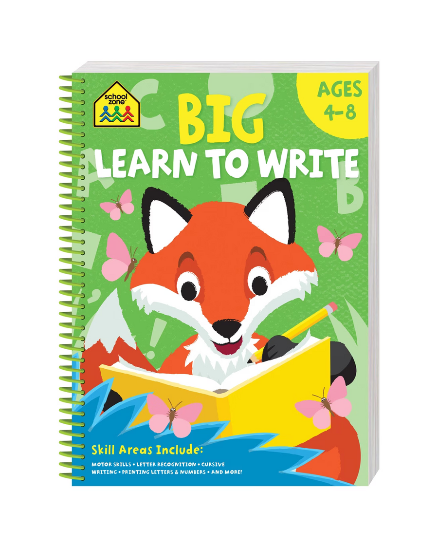 Children's book titled 'Big Learn to Write' with a fox illustration on a green background.