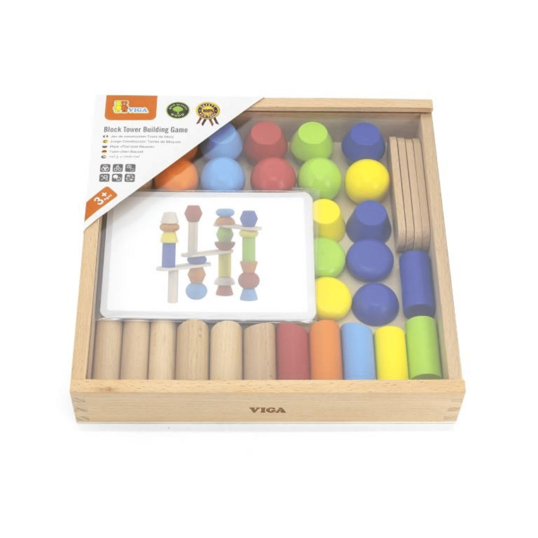 VIGA wooden block tower building game set in a light natural wood box, containing colorful round and cylindrical blocks and an instruction card, on a white background.