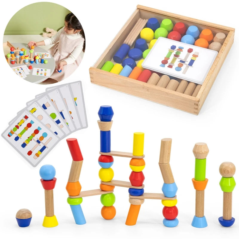 Colorful wooden educational toy set with building blocks and cards on a white background.