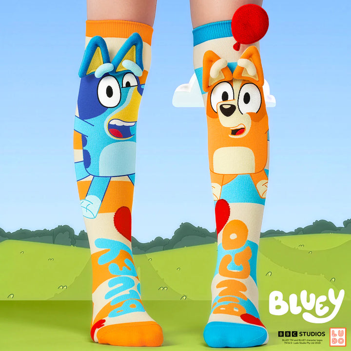Colorful socks with bluey and bingo cartoon character design on a grassy field background