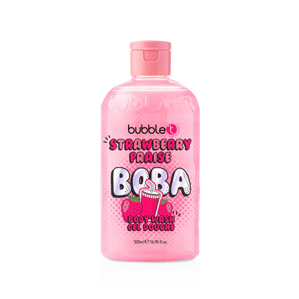 Pink bottle of Bubble T Strawberry Fraise Boba body wash on a white background