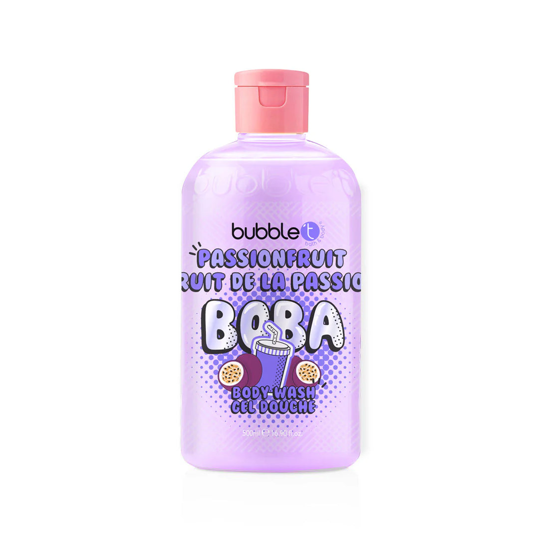 Purple bottle of bubble T body wash with pink cap on a white background