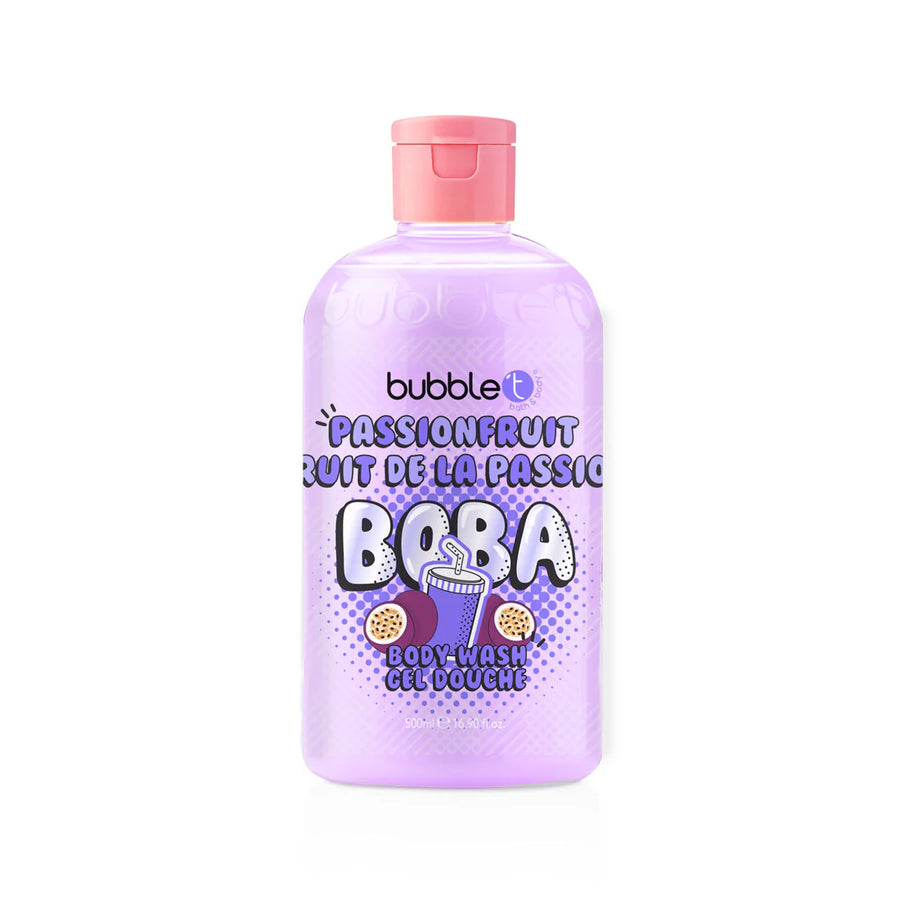 Purple bottle of bubble T body wash with pink cap on a white background