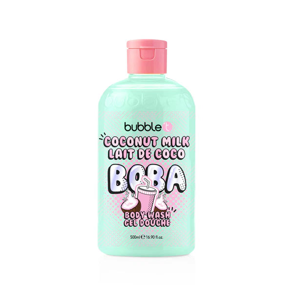 Bottle of Bubble T Coconut Milk Lait de Coco Boba body wash on a white background